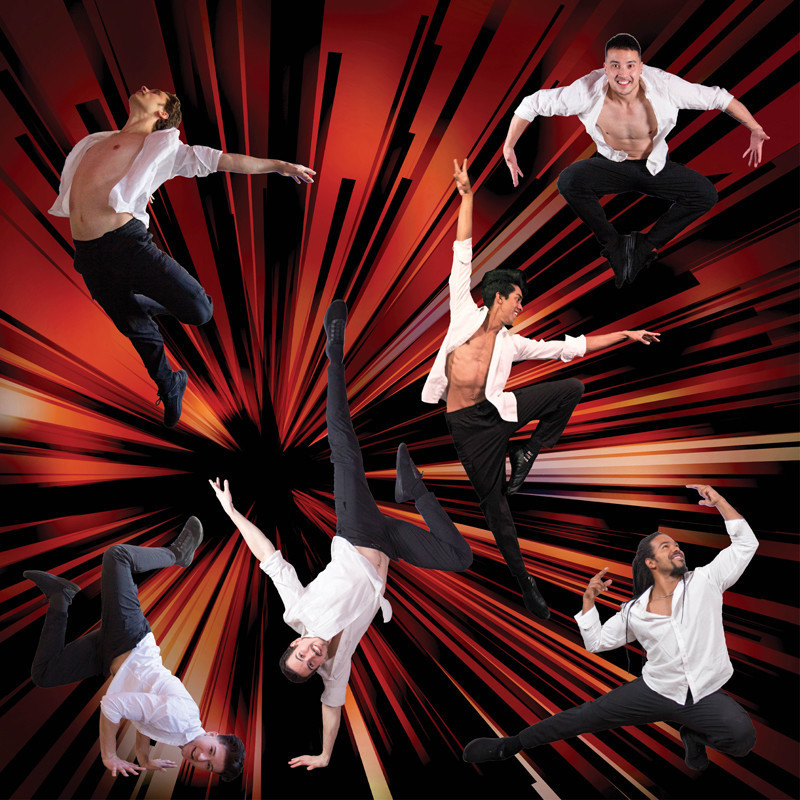 Six men in white shirts and black plants pose in various dance moves 