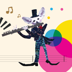 A jerboa, a small rodent, playing a flute with musical notes and coloured circles