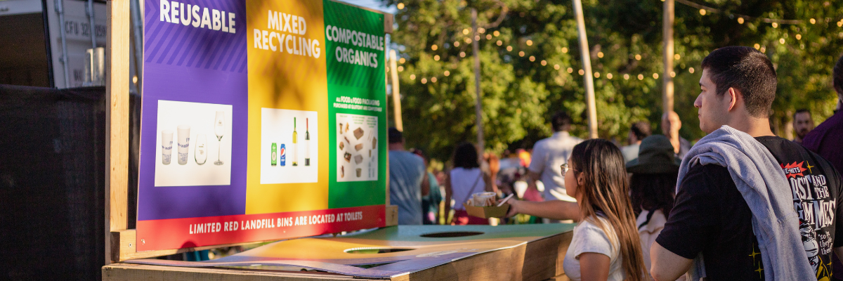 People at an outdoor event putting rubbish into a waste sorting stations labelled 'REUSABLE,' 'MIXED RECYCLING,' and 'COMPOSTABLE ORGANICS' under a canopy of string lights at dusk.