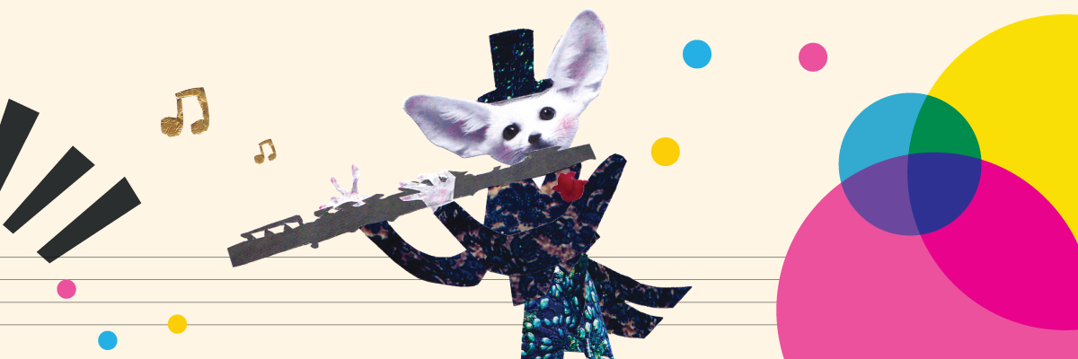 A jerboa, a small rodent, playing a flute with musical notes and coloured circles