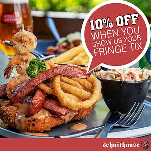 A loaded schnitzel with a speech bubble overlaid that says '10% off when you show us your fringe tix'