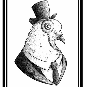 Black and white image of a pigeon wearing a top hat and suit