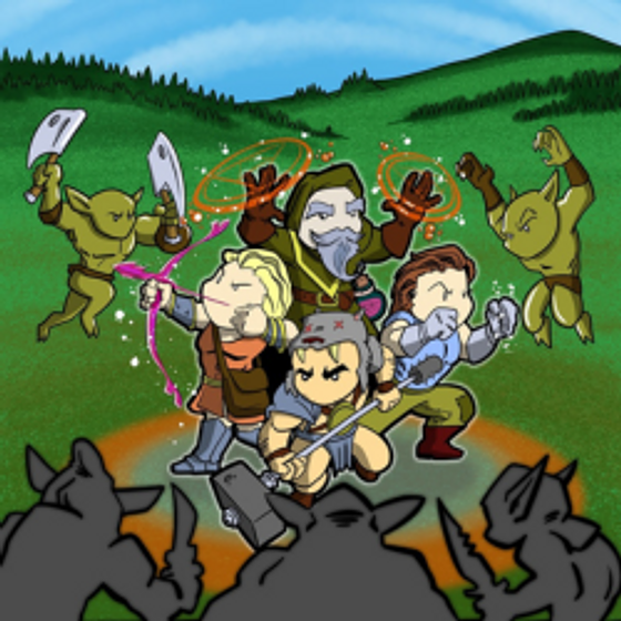 A group of four animated characters are standing together and are ready to defend themselves from green and grey monsters coming from all across the green and grassy hills. The sky is very blue.