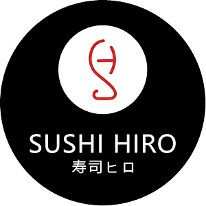 Sushi Hiro logo, a black circle with their name and Japanese writing underneath