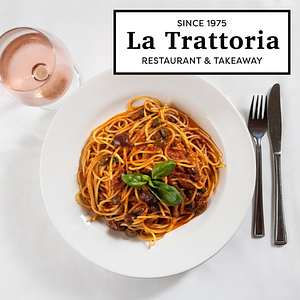 A bowl of pasta and glass of wine with La Trattoria logo
