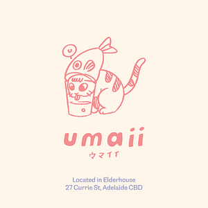 Umaii logo, cat with a fish hat drinking out of a glass