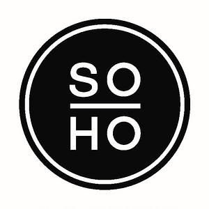 SOHO logo, white background with black circle and text saying SO HO
