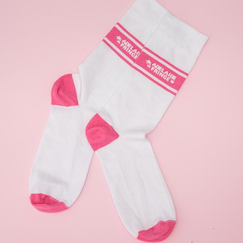 1x pair of white and pink socks with an Adelaide Fringe logo