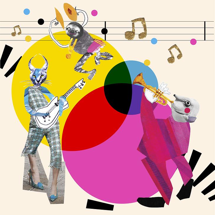 A colourful design filled with animals dressed up playing instruments. 
