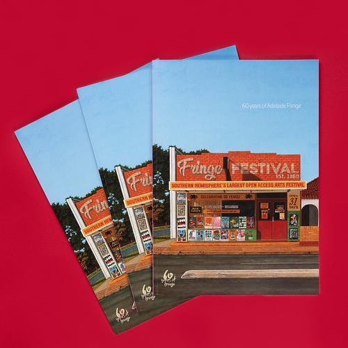 Three catalogues titled '60 years of Adelaide Fringe'. On front, building with posters in windows. 