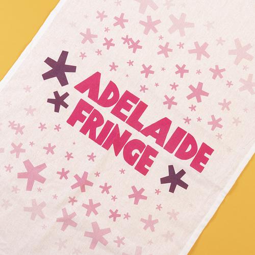 White tea towel with Adelaide Fringe logo and purple and ink stars